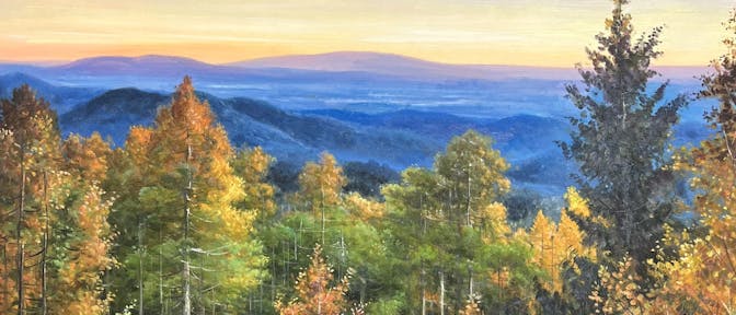 Oil painting of the orange sunset on the horizon in a forest